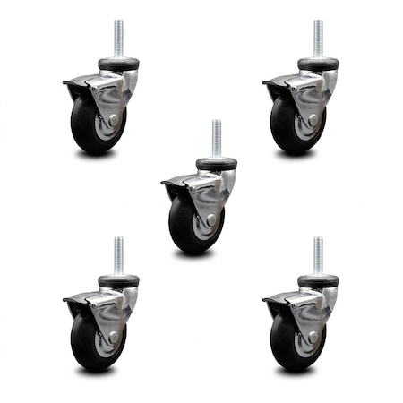 Service Caster 3 Inch Hooded Neoprene Rubber 8mm Threaded Stem Casters with Brakes SCC, 5PK SCC-TS03S310-NPRB-BC-B-M815-5